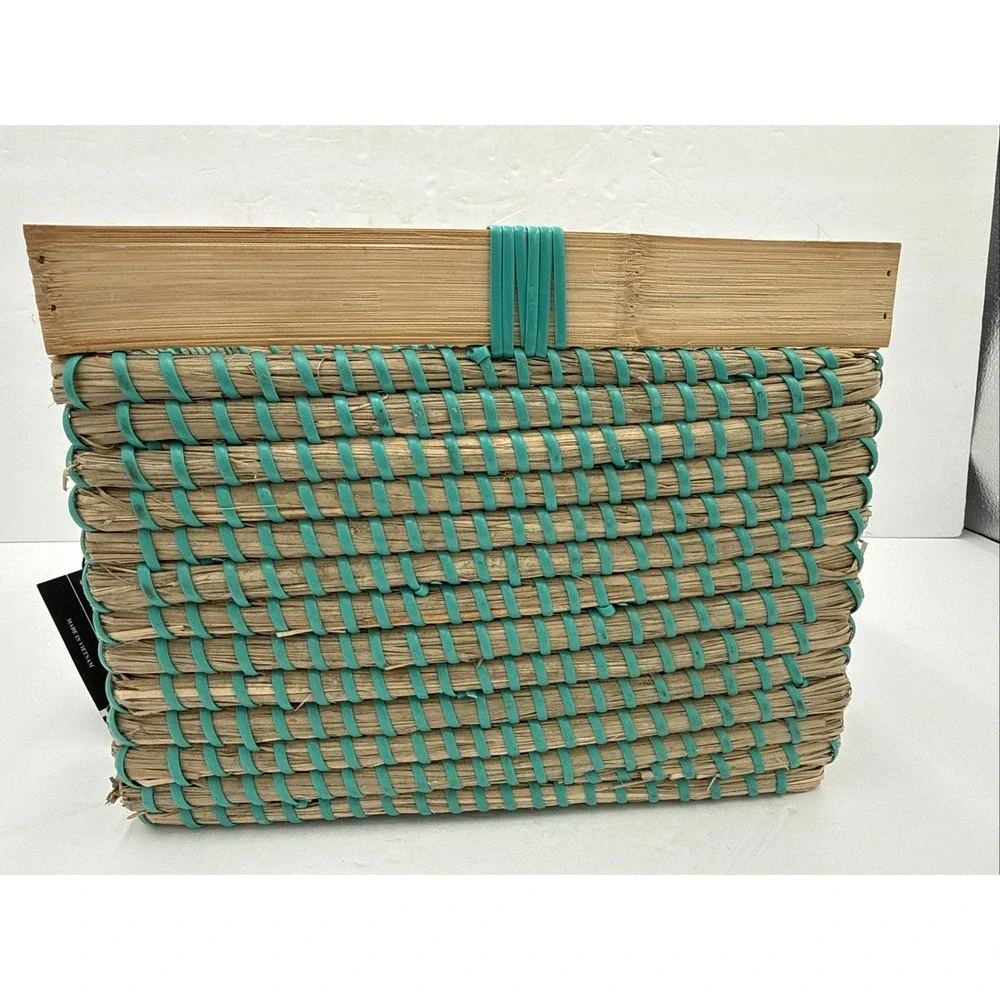 Max Studio Home Woven Reed Rattan Basket Make Up Storage Teal New